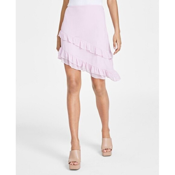 Bar III Women's Tiered Ruffled Asymmetrical Mini Skirt Smooth sheer Light Pink 0 - Picture 1 of 5